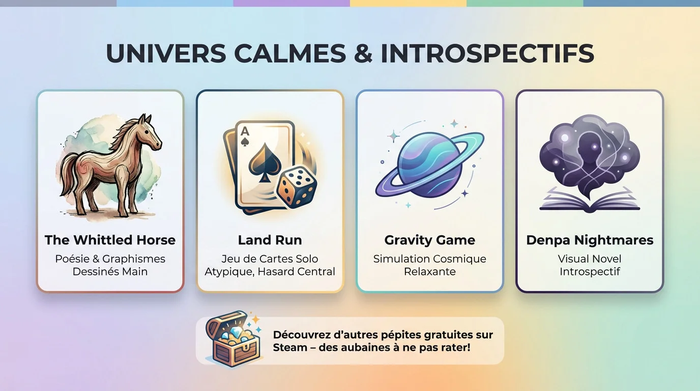 Infographie illustrant des univers de jeux vidéo calmes et introspectifs