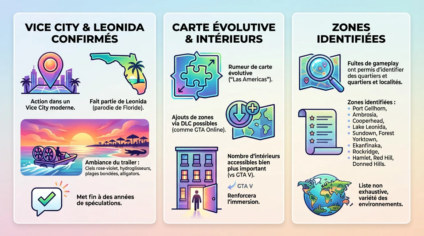 Infographie détaillée sur la carte de Vice City et l'état de Leonida dans GTA 6