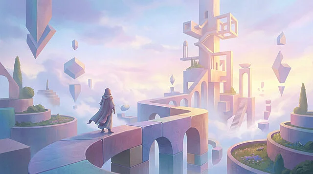 journey through pastel illusions Monde fantastique avec structures flottantes et personnage capé.