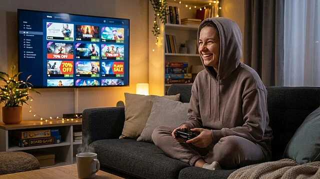 joyful gamer browses digital storefront sales