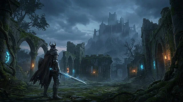 featured image from wisewand Guerrier devant château sombre et ruines enchantées.