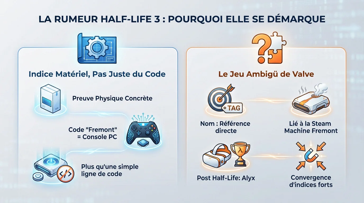 Concept art sombre évoquant l'univers Half-Life avec le logo Steam Machine et le nom de code Fremont en filigrane