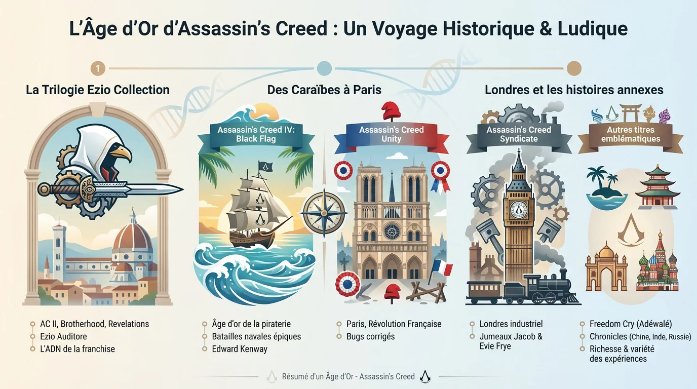 Illustration des jeux Assassin's Creed classiques disponibles sur le PS Plus Extra, montrant Ezio et Edward Kenway