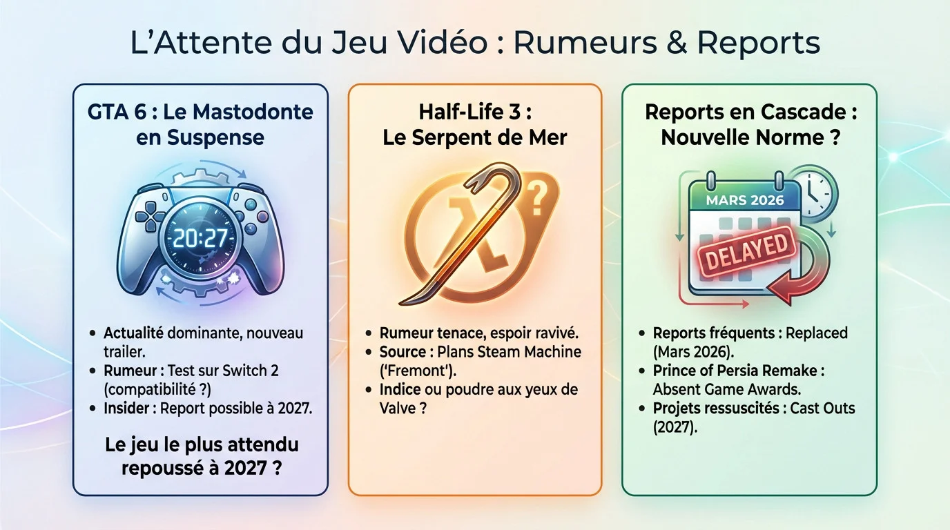 Illustration représentant l'attente autour de GTA 6 et Half-Life 3 avec des calendriers de sortie repoussés