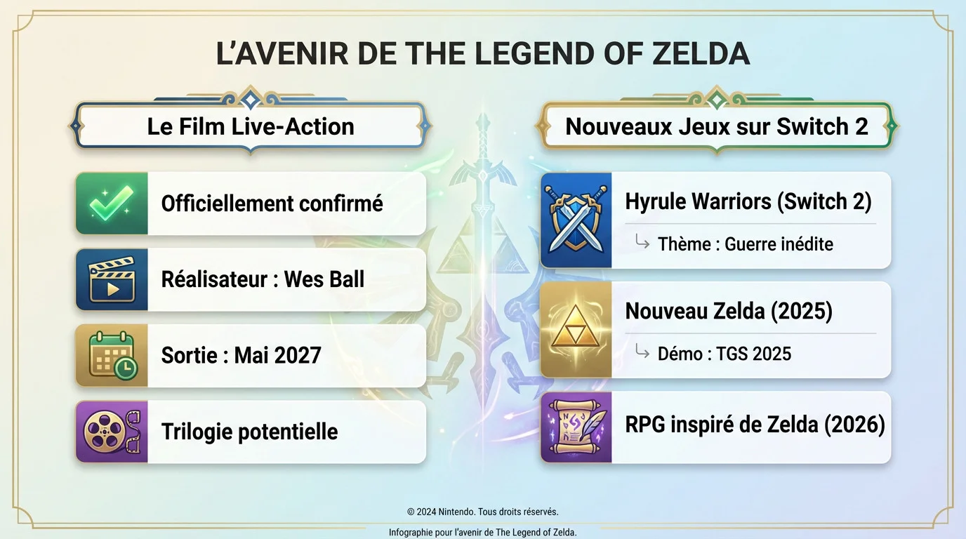 Aperçu conceptuel des futurs projets de la franchise The Legend of Zelda incluant le film et les jeux Switch 2