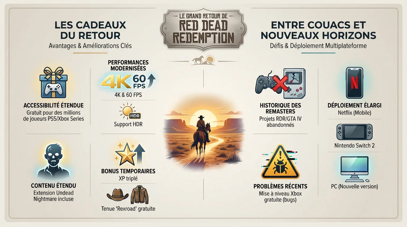 Infographie détaillée sur les nouveautés du retour de Red Dead Redemption et ses plateformes