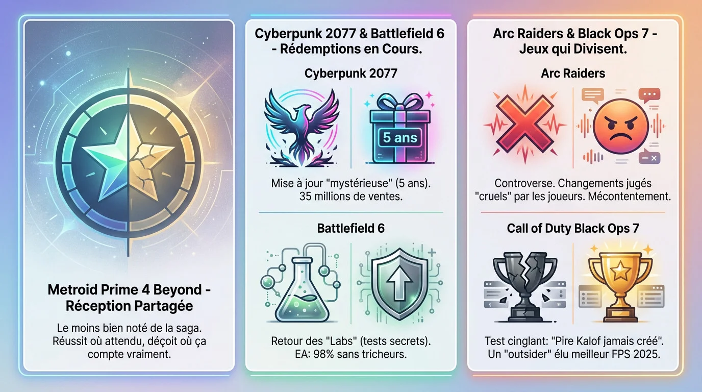 Illustration symbolisant les réactions contrastées des joueurs face aux actualités récentes : succès de Cyberpunk 2077, critiques de Metroid Prime 4 et débats sur Call of Duty.