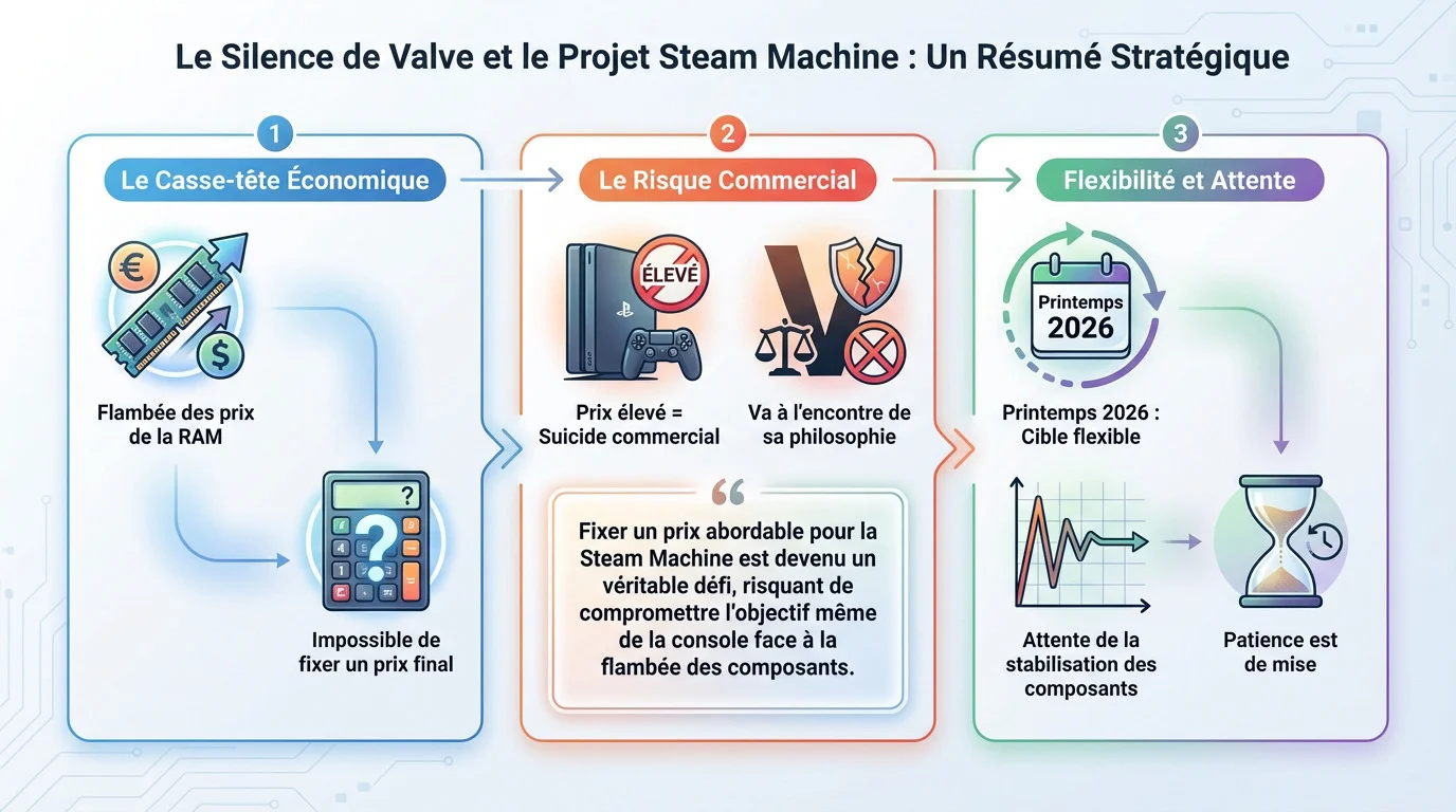 Graphique illustrant l'impact du coût des composants sur le silence de Valve concernant la Steam Machine