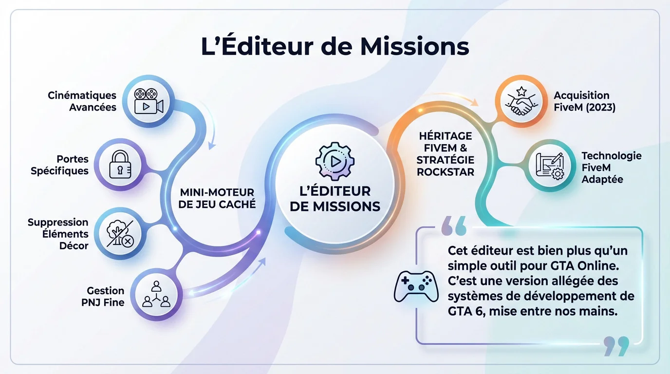 Interface du nouvel éditeur de missions GTA Online montrant des options avancées de caméra et de gestion des PNJ