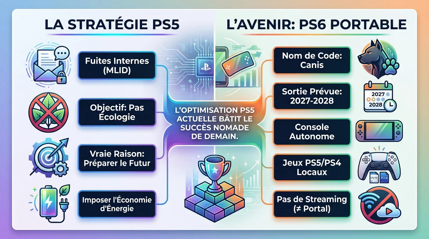 Schéma illustrant la transition technique de la PS5 vers l'architecture de la future PS6 Portable