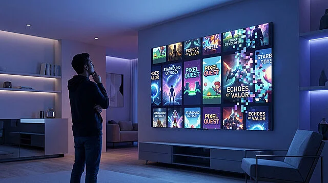 man reflects on digital game library with fading titles Personne regardant sélections de jeux vidéo sur écran.