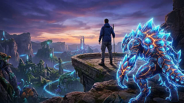 mega evolution journey into a transformed world Personnage et créature dans paysage futuriste.
