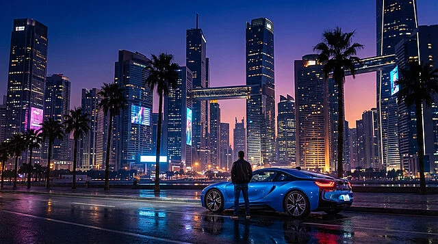 Voiture de sport bleue devant gratte-ciel illuminés.