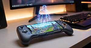 Manette de jeu avec hologramme sur smartphone.