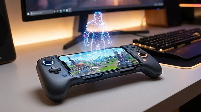 Console de jeu avec écran holographique sur bureau.