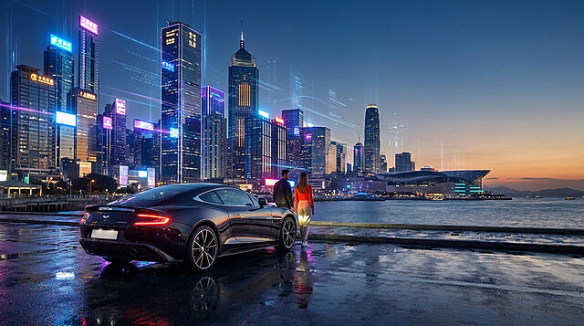 modern metropolis at twilight digital flow Voiture sport et skyline urbaine au crépuscule