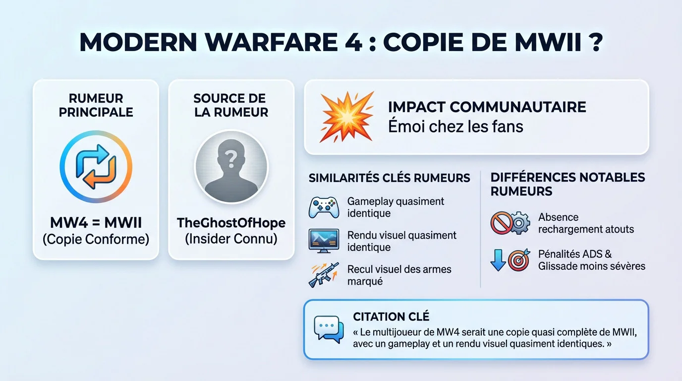 Infographie comparant les rumeurs sur Modern Warfare 4 et les similitudes avec MWII