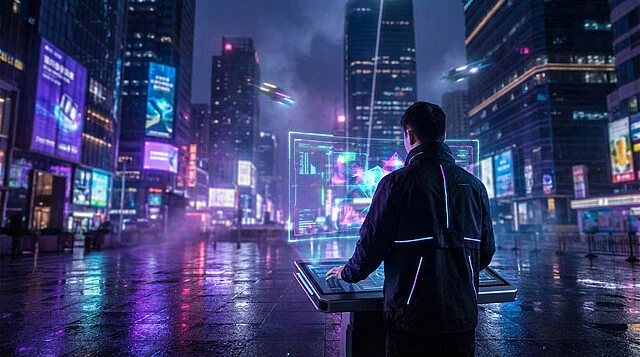 neon city interface a glimpse into tomorrow Homme interagissant avec écran holographique en ville futuriste.