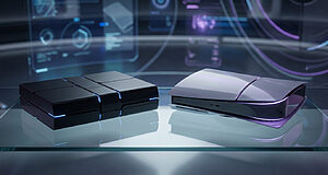 Consoles de jeux futuristes avec interface numérique.