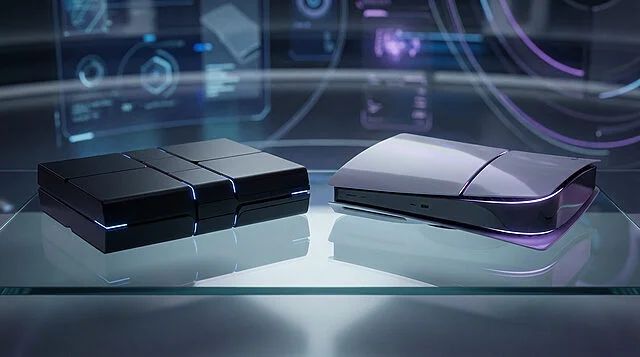 Consoles de jeux futuristes avec interface numérique.