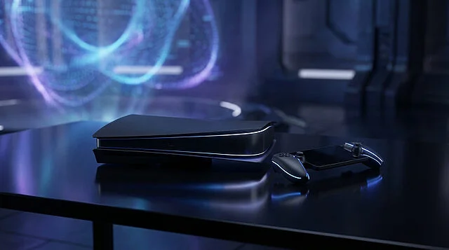 next gen gaming console and handheld concept Console de jeu moderne sur une table noire.