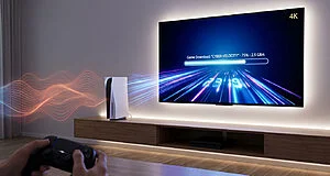 Joueur téléchargeant jeu vidéo sur console moderne