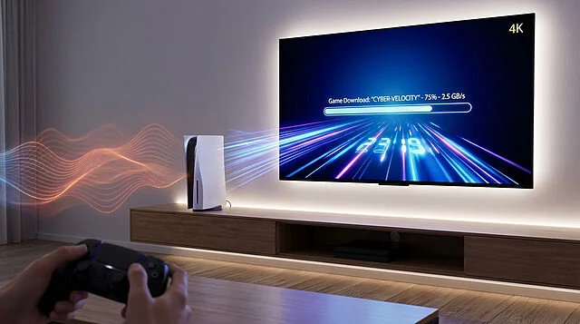 next gen gaming fast downloads and connectivity Joueur téléchargeant jeu vidéo sur console moderne