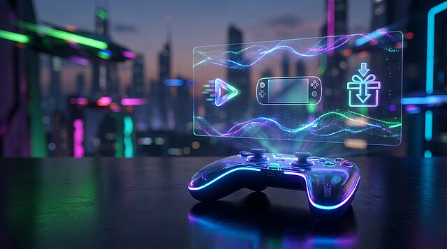 Manette de jeu futuriste avec affichage holographique