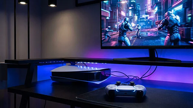 next gen gaming setup ps5 and dualsense glow Console de jeu moderne avec écran et manette