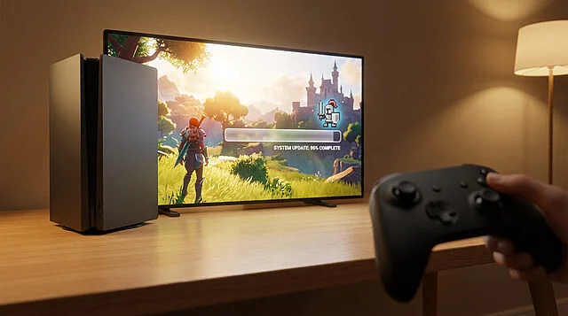 next gen gaming update in progress retro charm Mise à jour système console de jeu vidéo