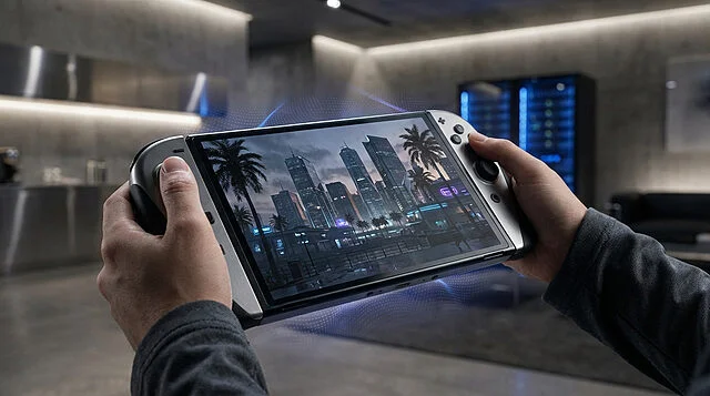 next gen portable gaming immersion Personne jouant à un jeu sur console portable.