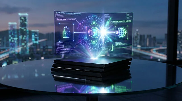 next gen system update holographic protocol unveiled Hologramme futuriste avec interface technologique.