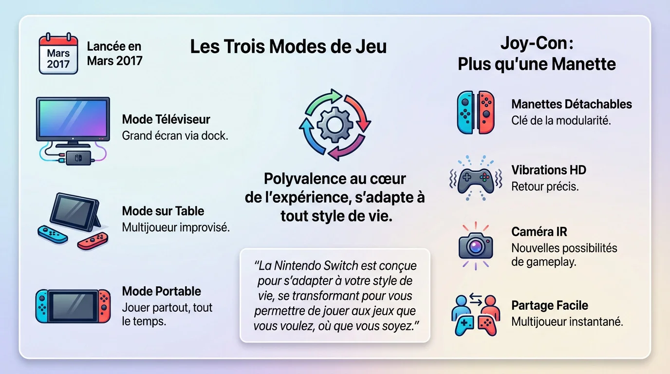 Les trois modes d'utilisation de la Nintendo Switch : TV, sur table et portable
