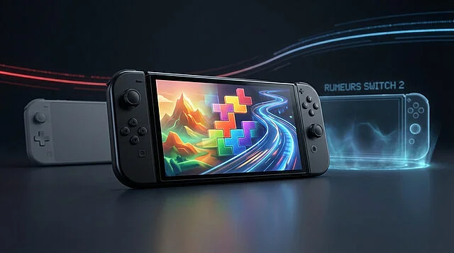 nintendo switch oled lite and future console rumors Console de jeu avec écran coloré et illustrations.