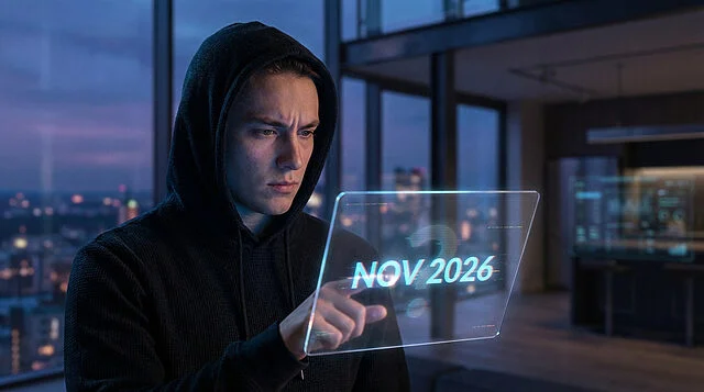 Personne interagissant avec écran holographique, date future visible.