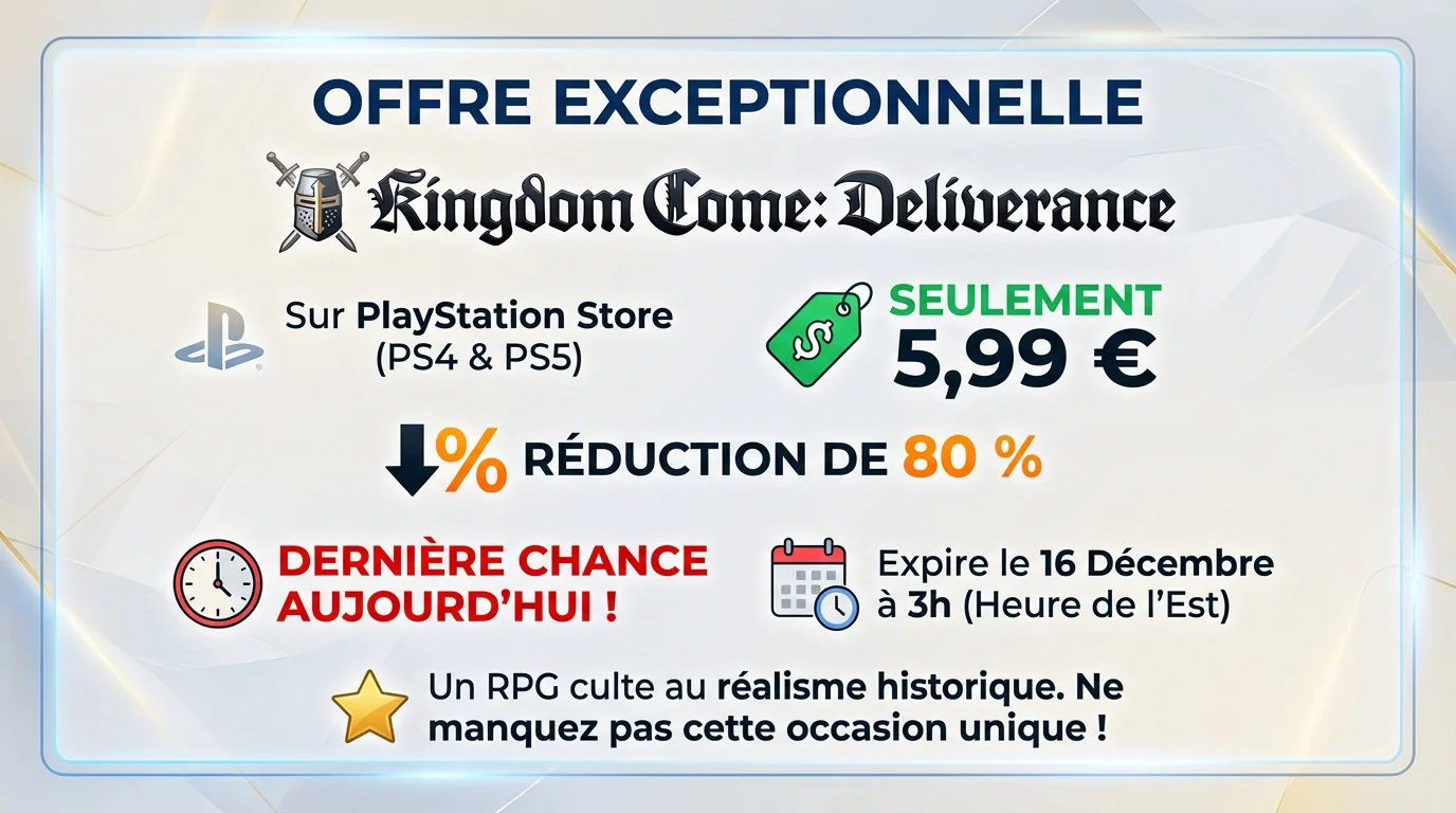Visuel promotionnel du jeu Kingdom Come Deliverance affichant une réduction sur le PlayStation Store