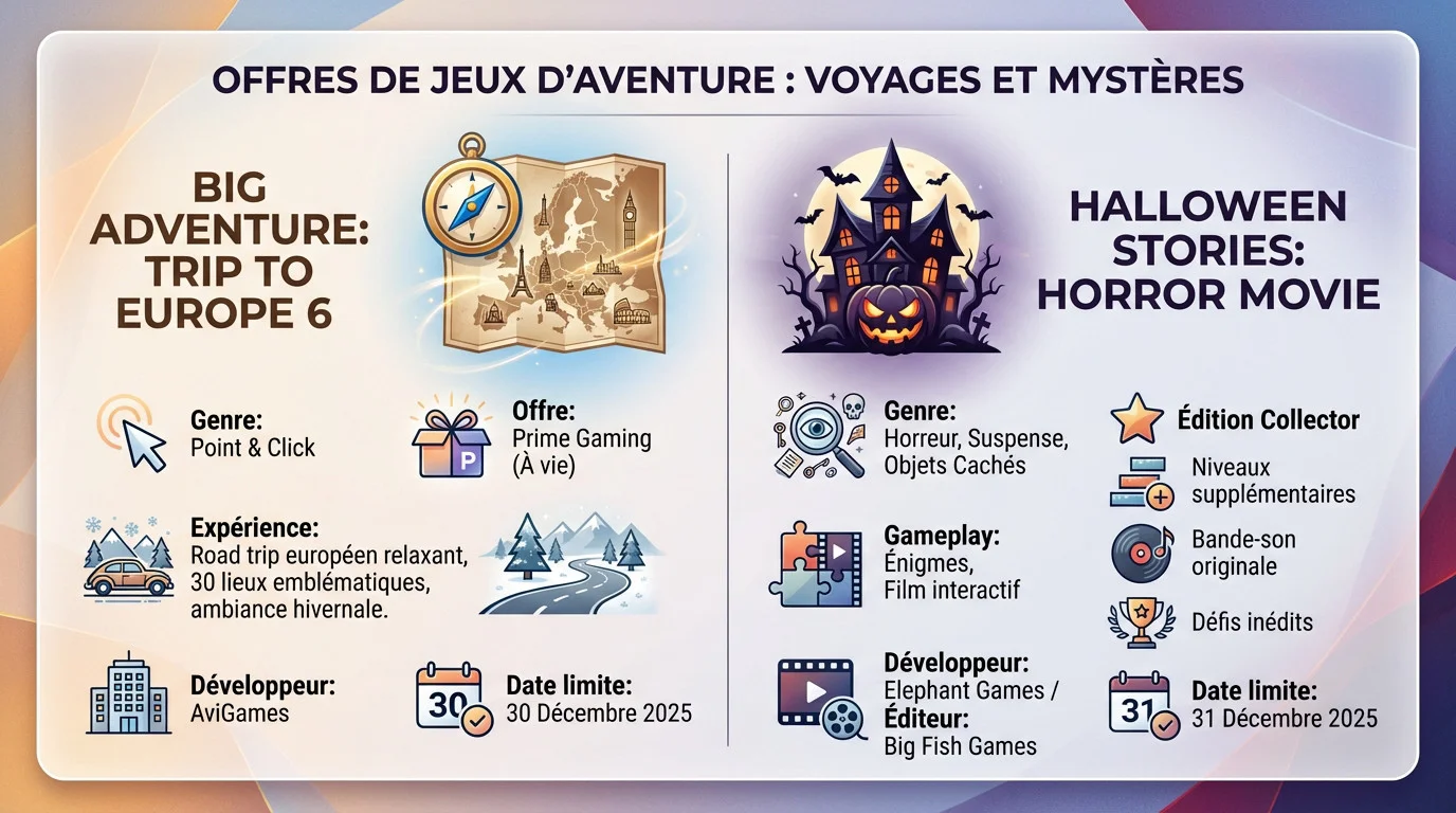 Illustration des jeux d'aventure Big Adventure et Halloween Stories offerts via Prime Gaming