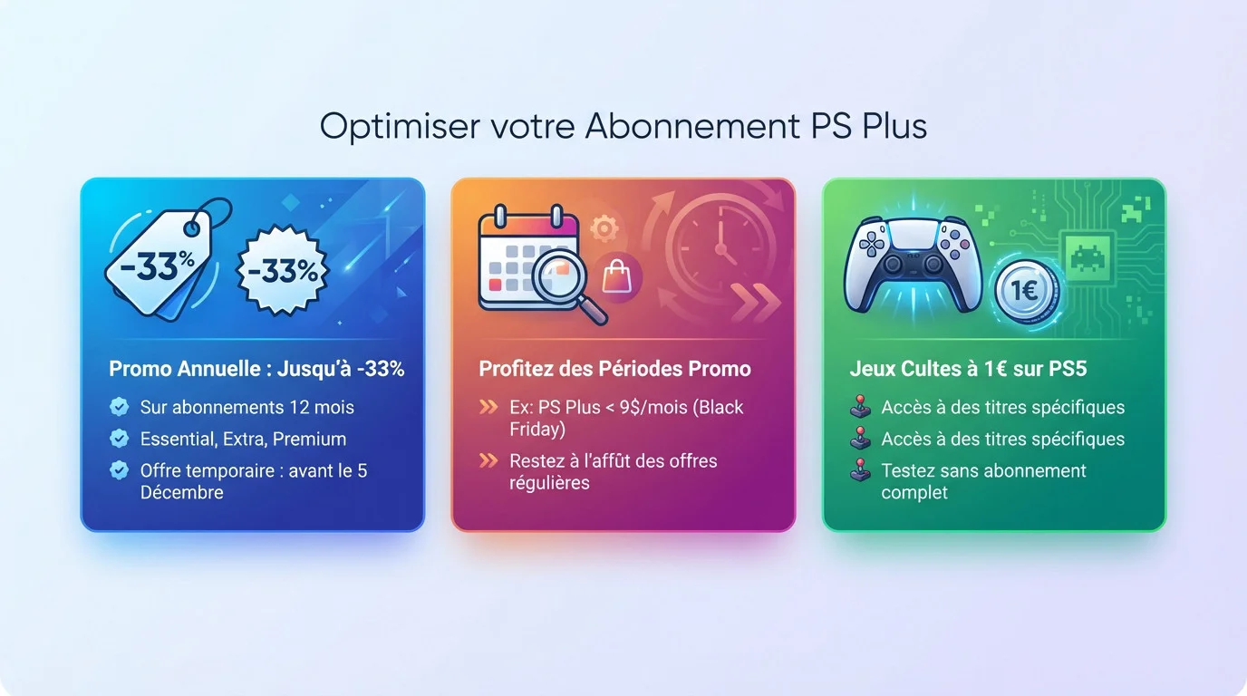 Manette DualSense posée sur une console PS5 illustrant les économies possibles sur l'abonnement PlayStation Plus
