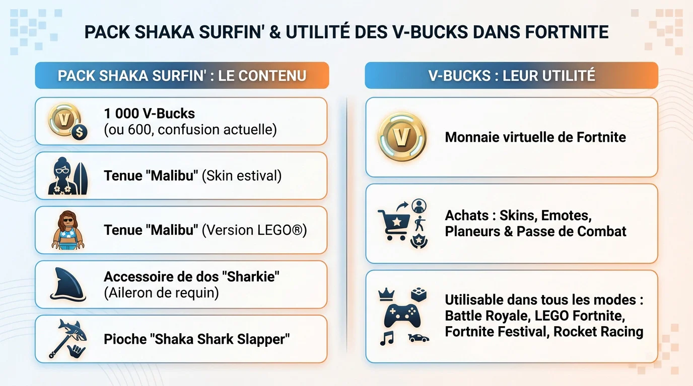 Aperçu du pack de démarrage Shaka Surfin dans Fortnite avec la tenue Malibu et les V-Bucks