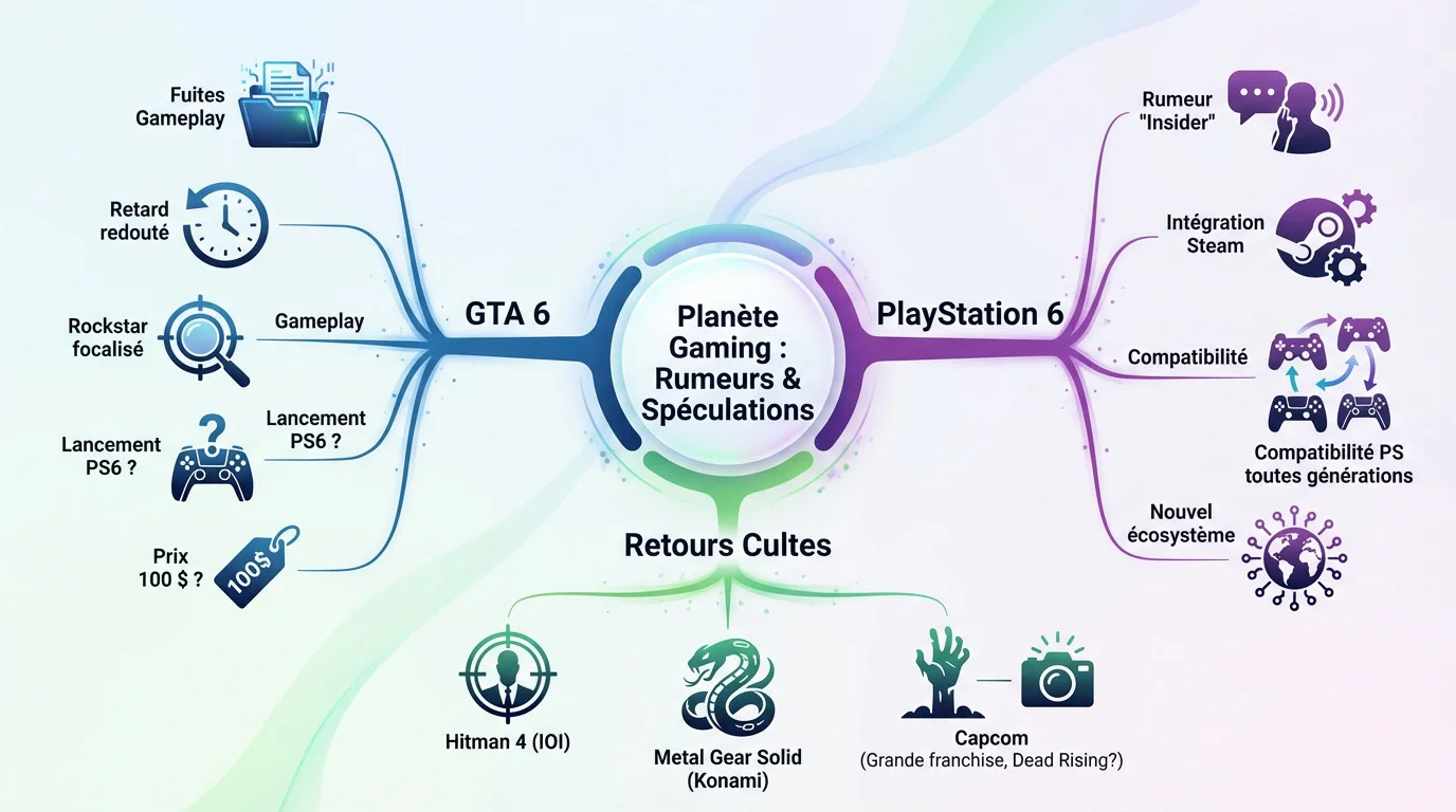 Illustration des rumeurs gaming avec des silhouettes de consoles et jeux vidéo sur fond sombre