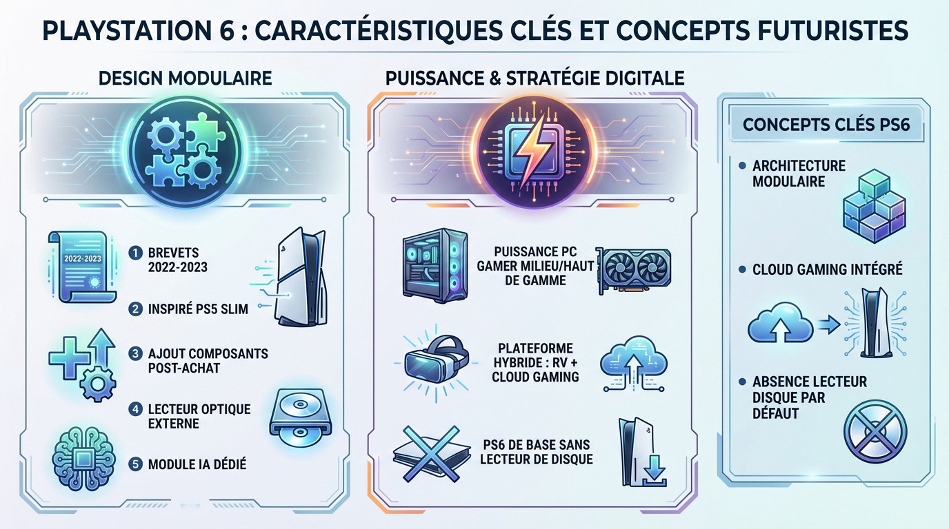 Concept visuel de la PlayStation 6 illustrant ses fonctionnalités modulaires et son architecture hybride
