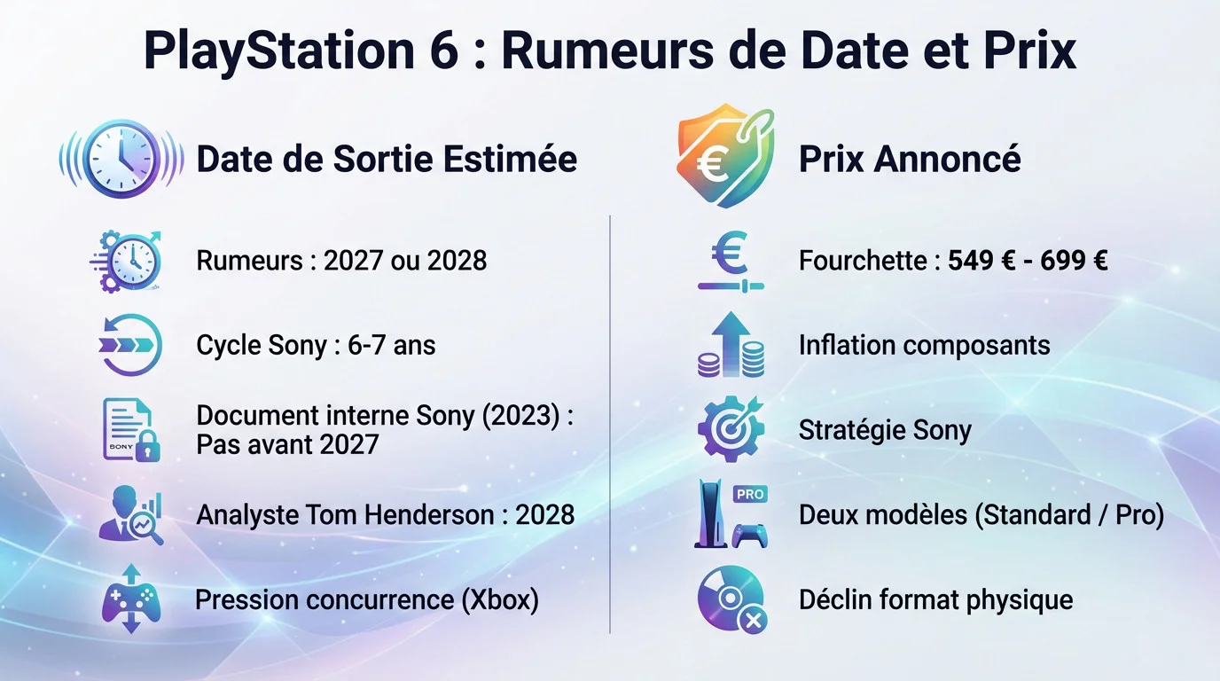 Concept art futuriste de la PlayStation 6 illustrant les rumeurs de date et prix