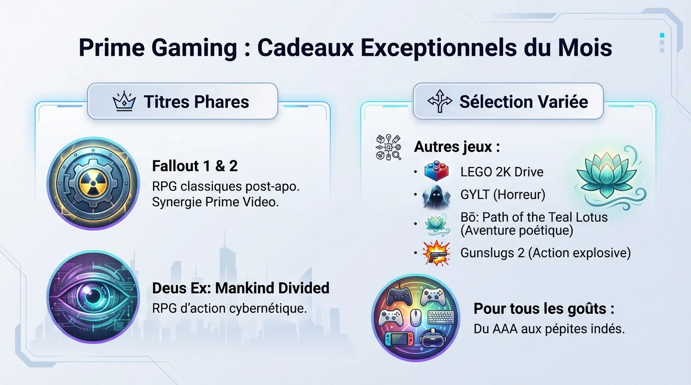 Prime Gaming cadeaux exceptionnels du mois avec une sélection de jeux vidéo variés