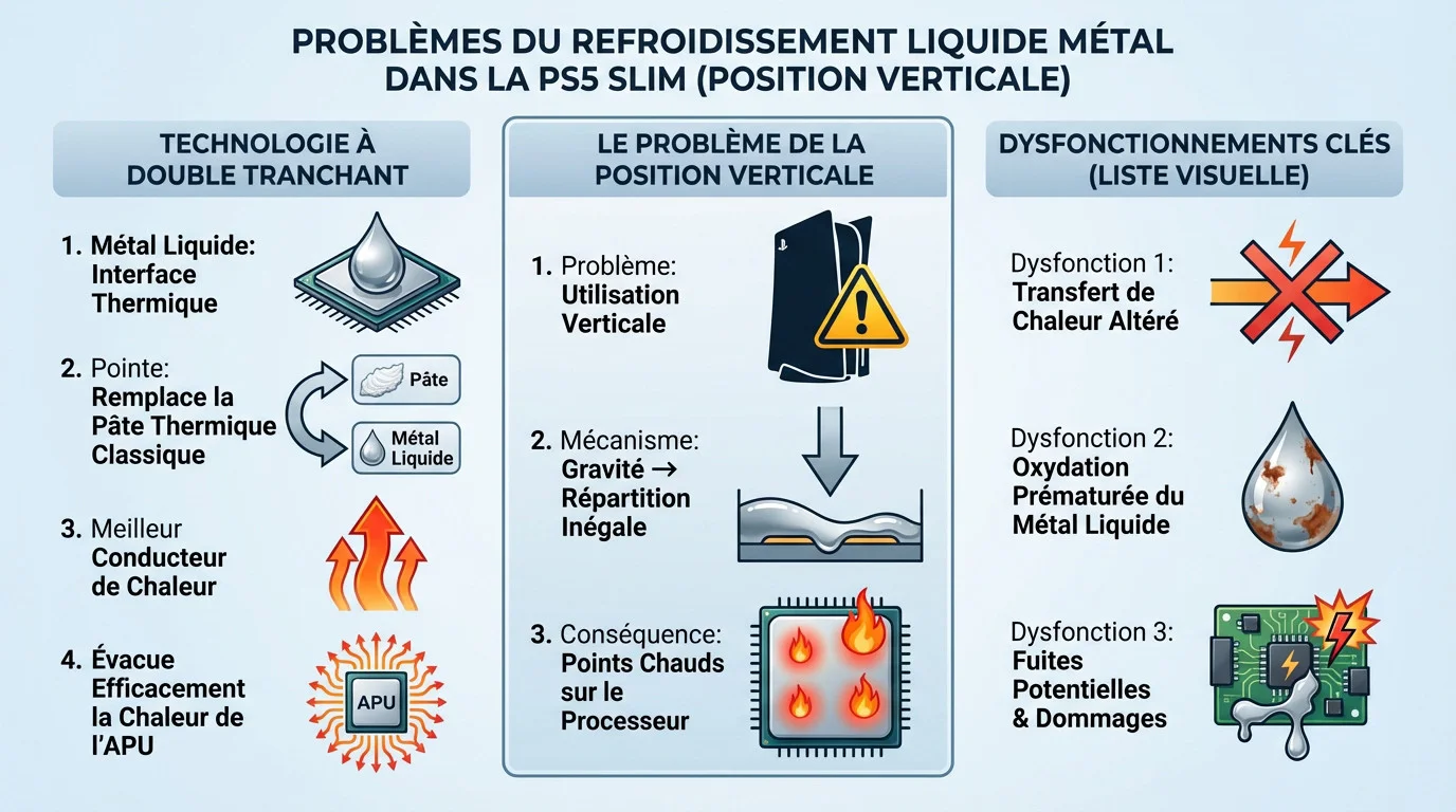 Vue éclatée du système de refroidissement de la PS5 Slim montrant l'application du métal liquide sur le processeur APU