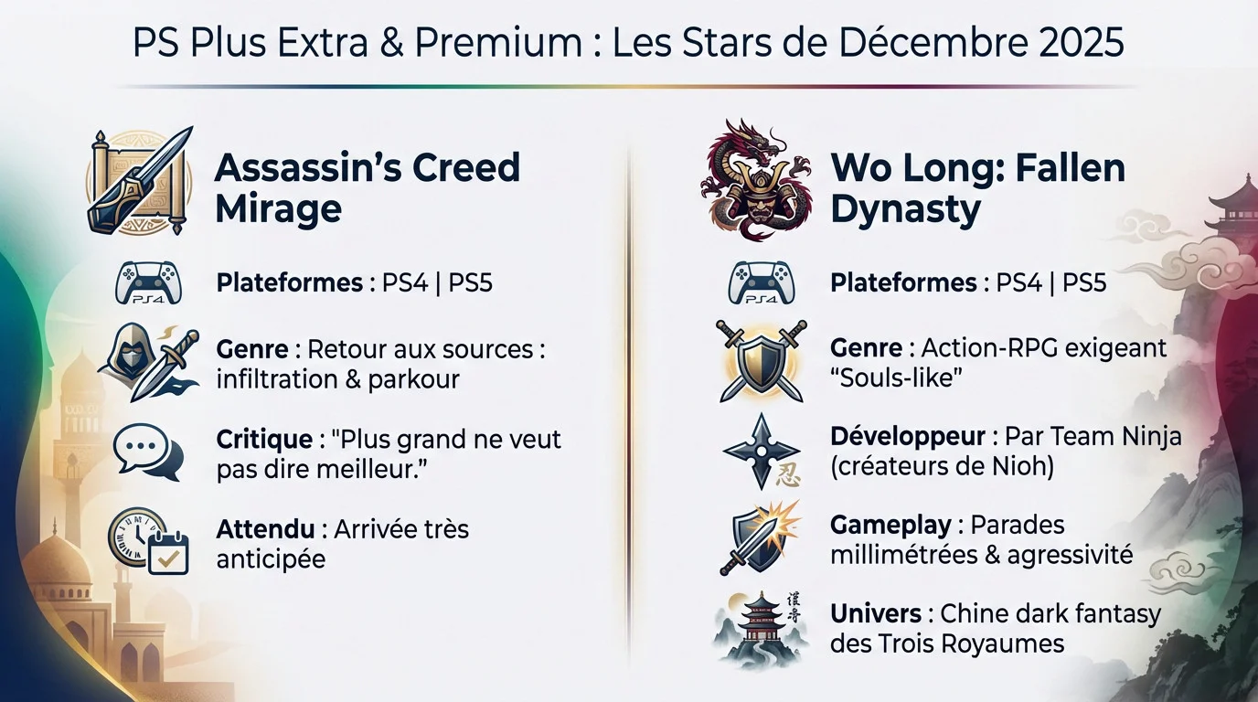 Affiche promotionnelle des jeux PlayStation Plus Extra et Premium incluant Assassin's Creed Mirage pour décembre 2025