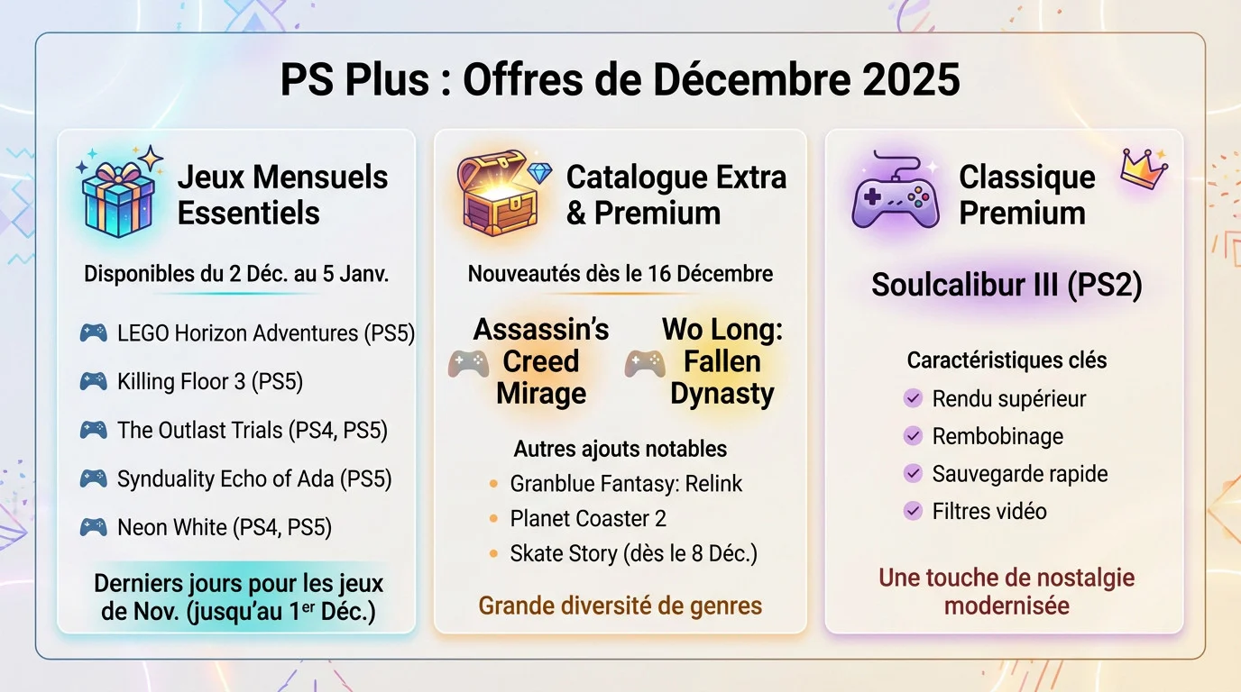 Aperçu des jeux gratuits PlayStation Plus de décembre 2025 avec LEGO Horizon et Assassin's Creed Mirage