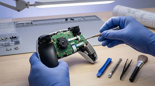 ps5 dualsense controller repair on workbench Réparation d'une manette de jeu électronique, outils présents.