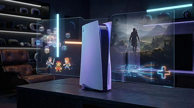 ps5 dynamic holographic gaming with playstation plus Console PS5 avec hologrammes de jeu vidéo