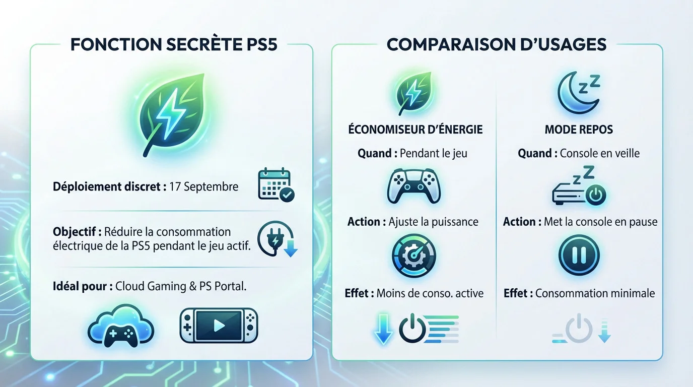 Comparaison entre l'économiseur d'énergie actif en jeu et le mode repos classique de la PS5
