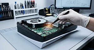 Réparation électronique console de jeu, main avec pince.